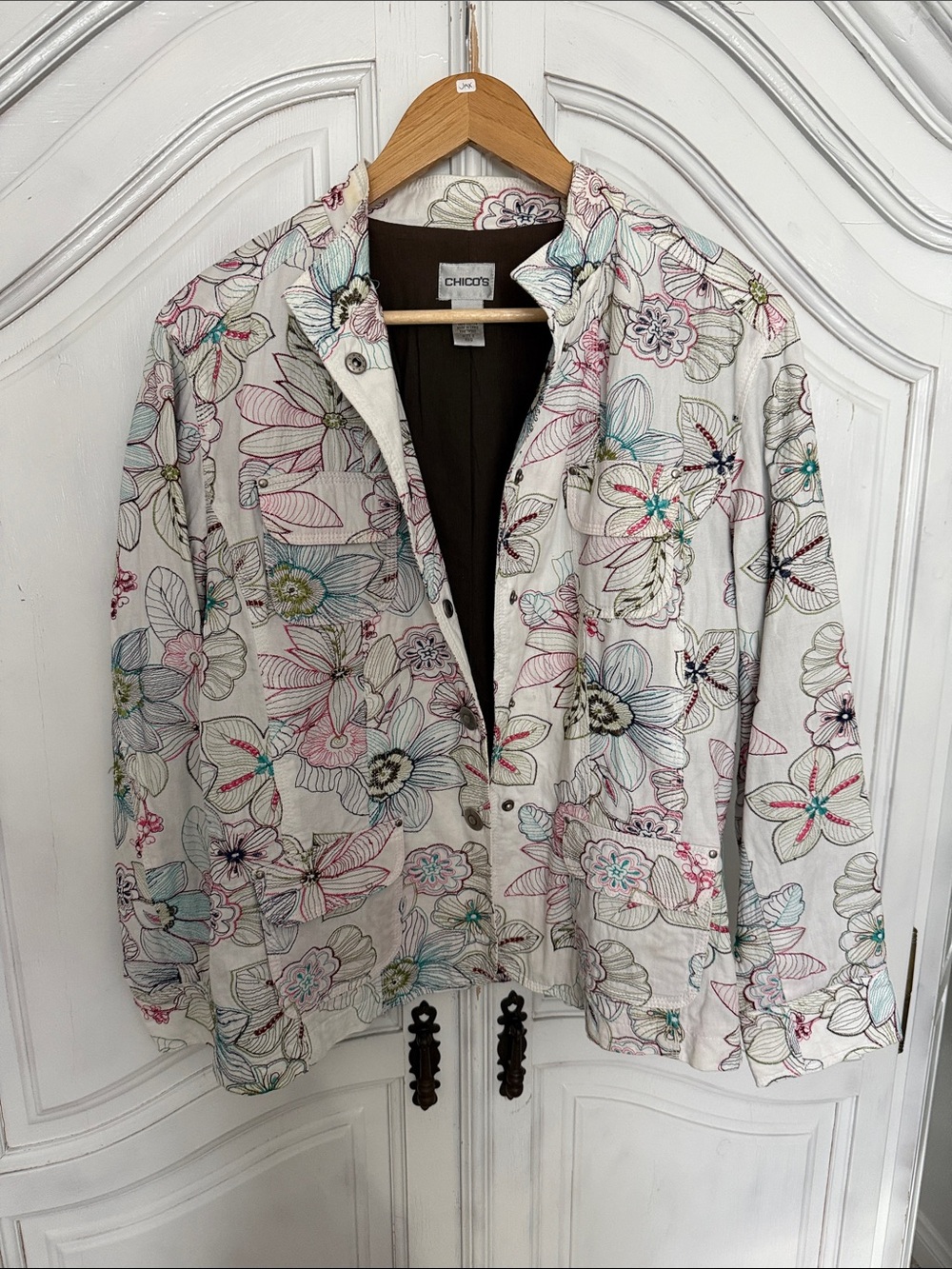 Chico’s Floral Botanical Utility Jacket Size 2 100% Cotton